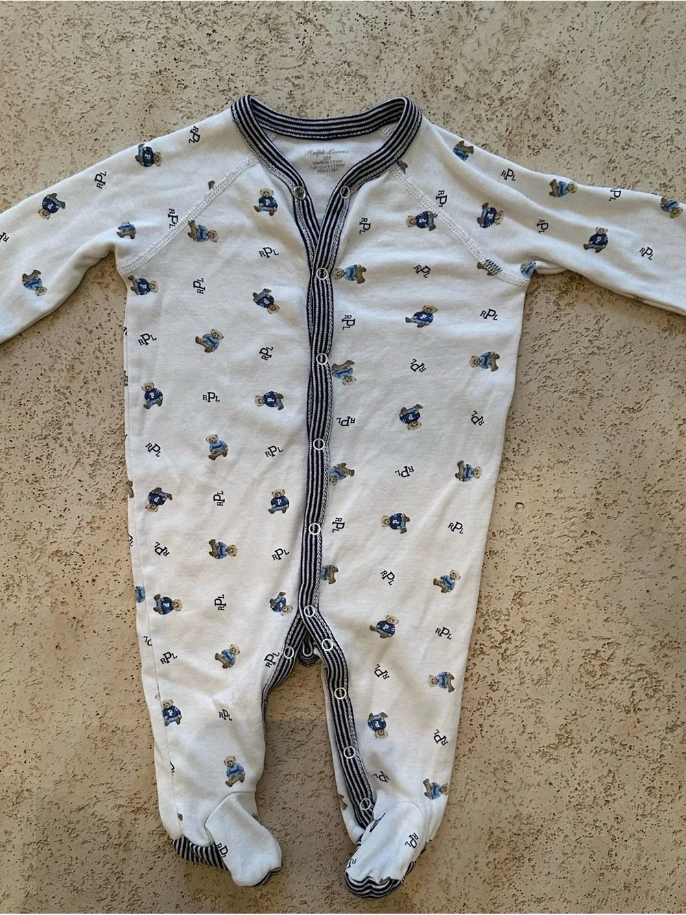 Ralph Lauren Cream Footed One-Piece with Blue Bear & Navy Trim